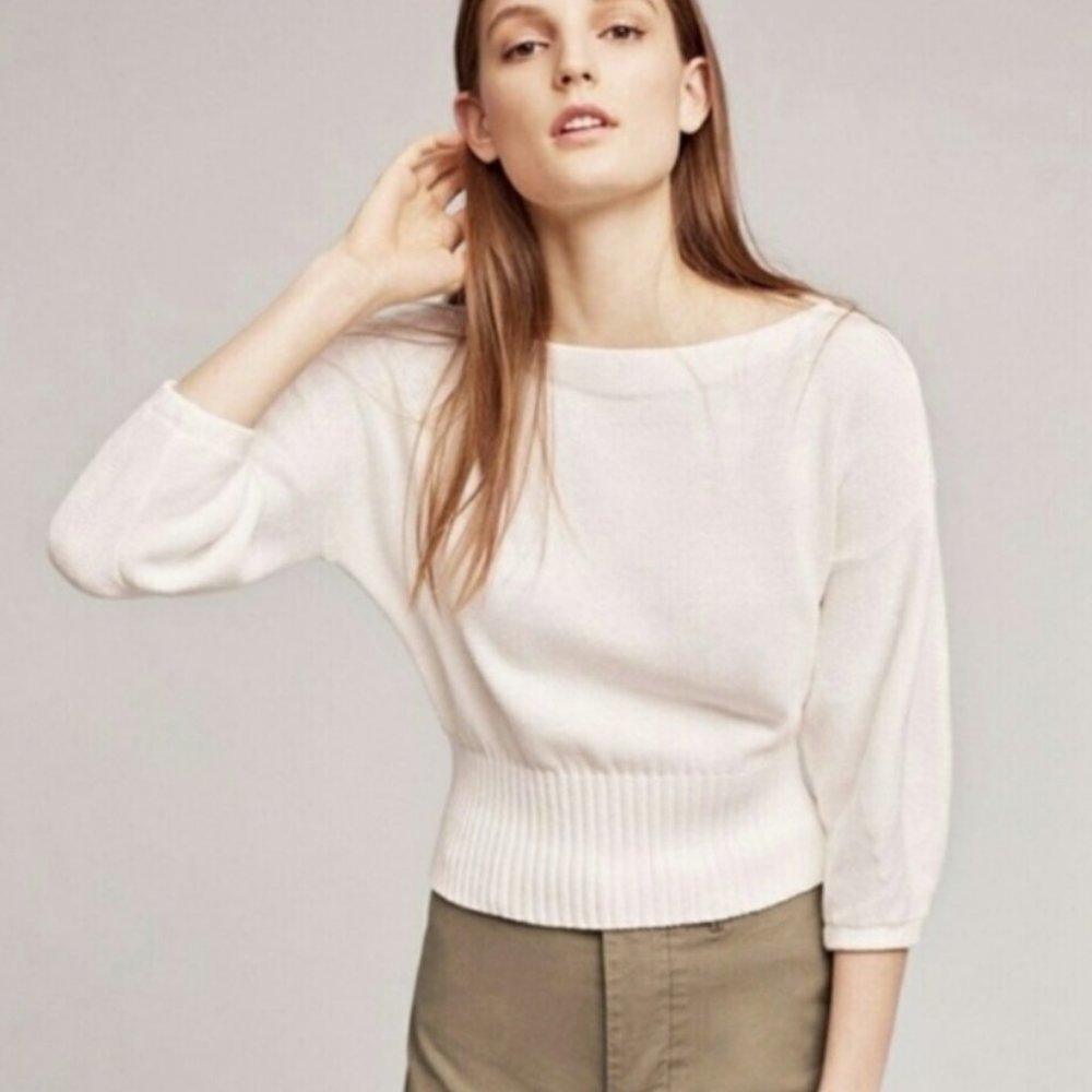 Anthropologie Knitted & Knotted Boatneck Sweater w/ Balloon Sleeves in Cream, S